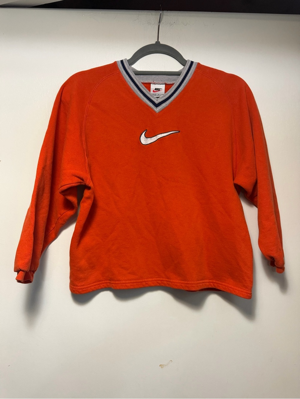 Vintage Nike Red Swoosh Tag on Orange Sweatshirt 90s Kids Sweater